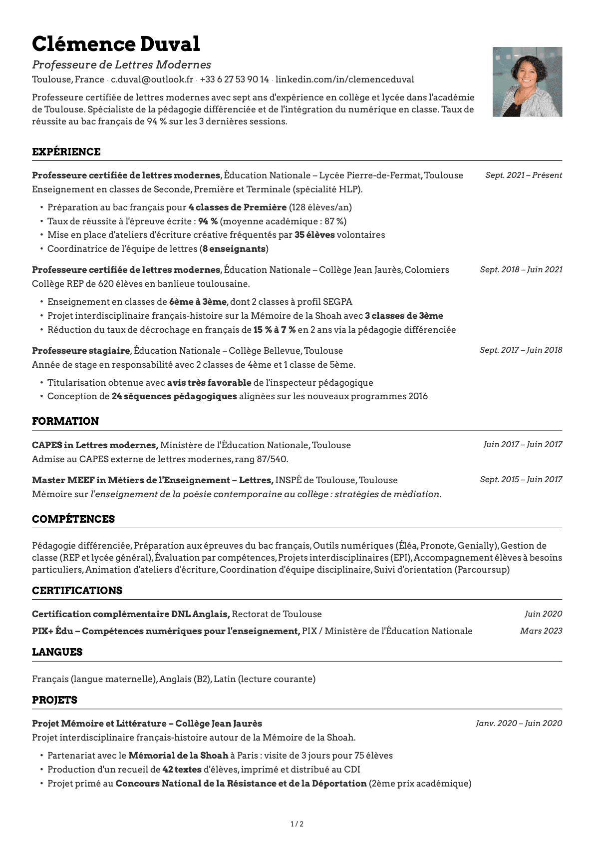 Professeur resume example