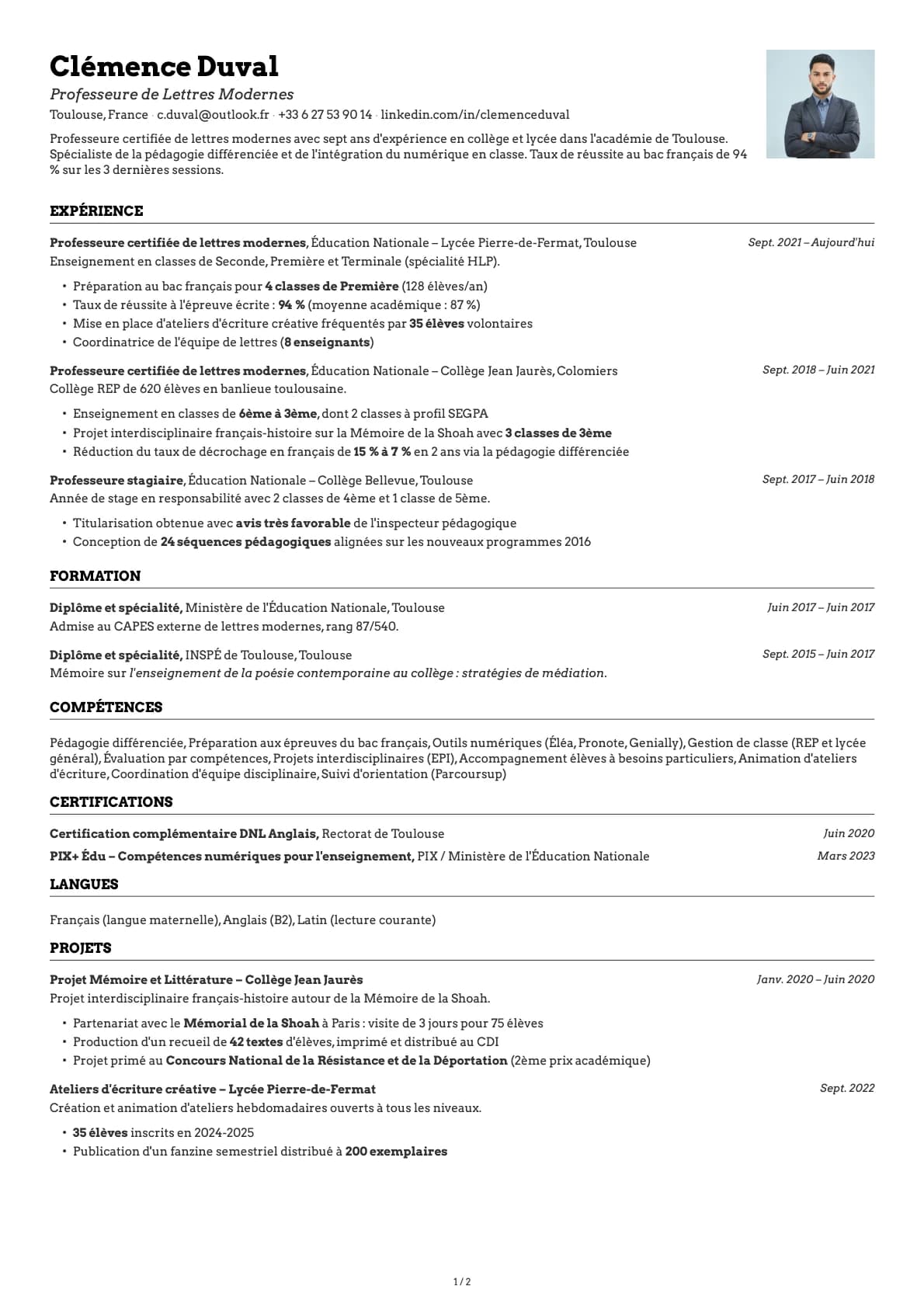 Professeur resume example