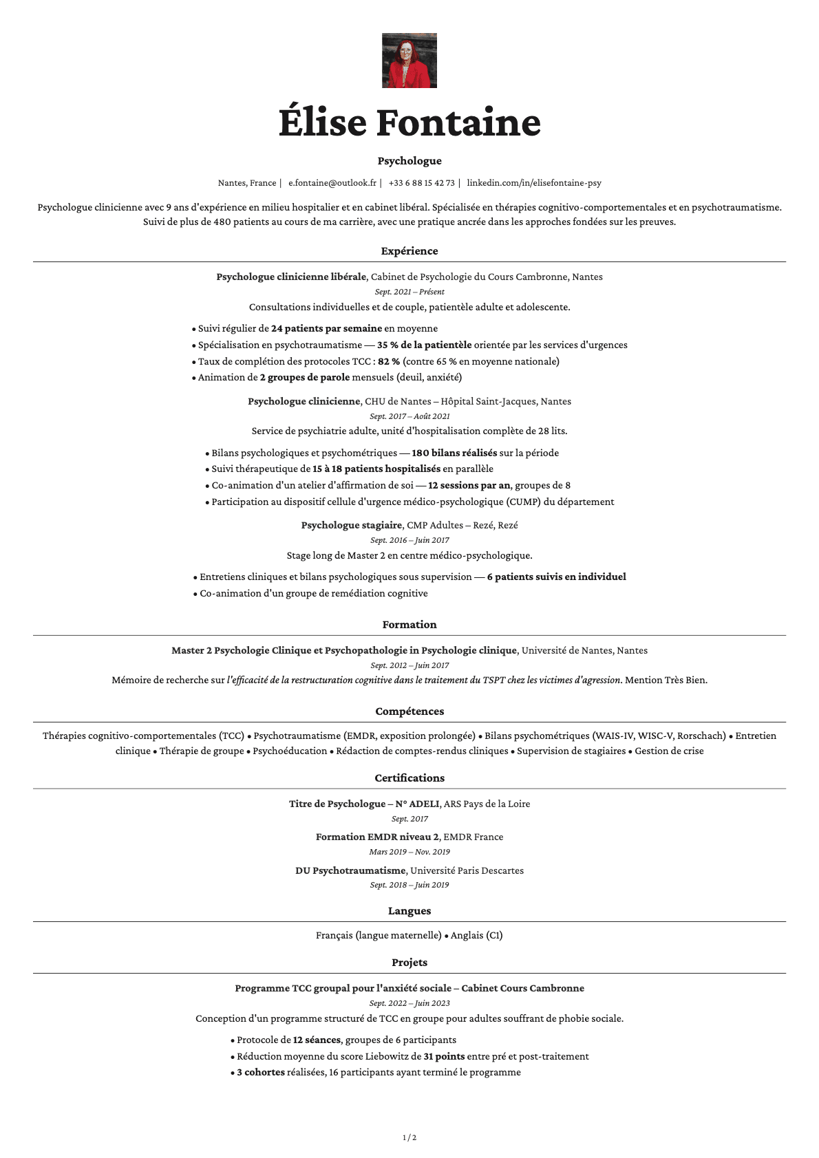 Psychologue resume example