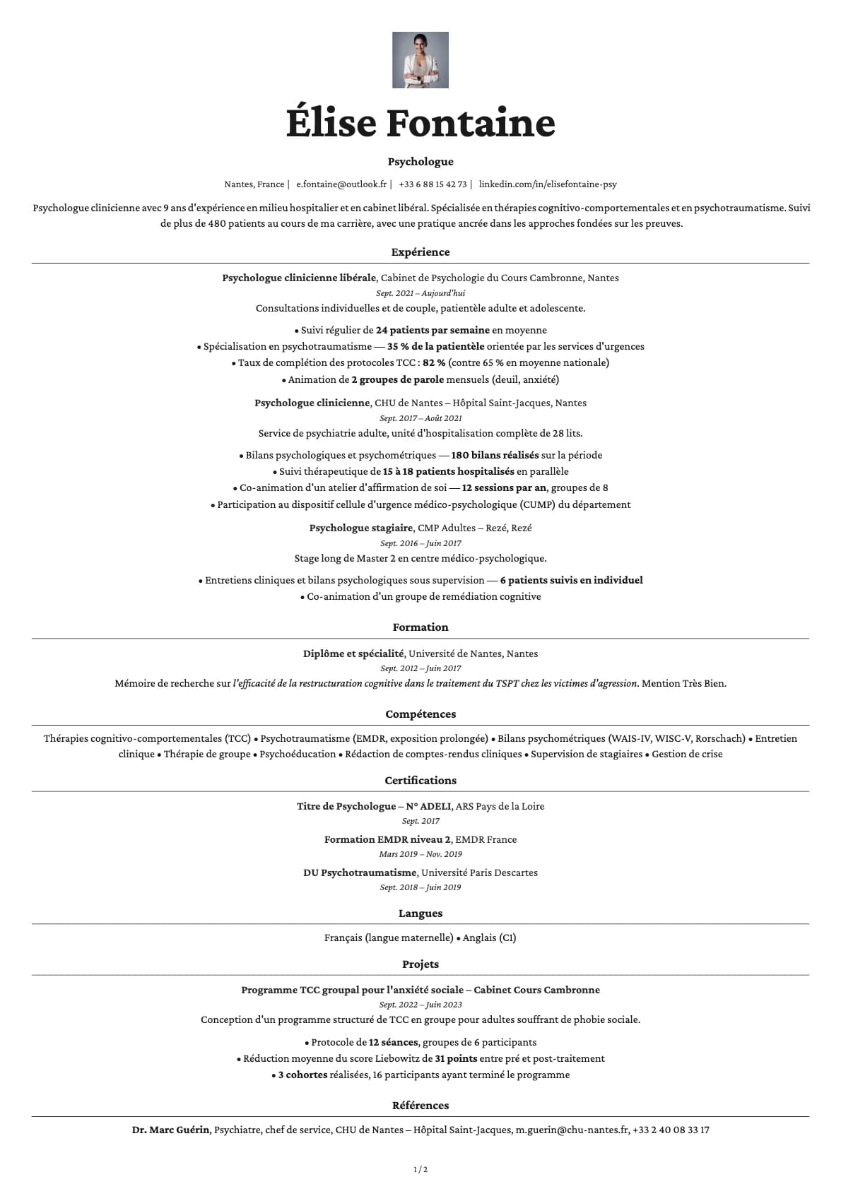 Psychologue resume example