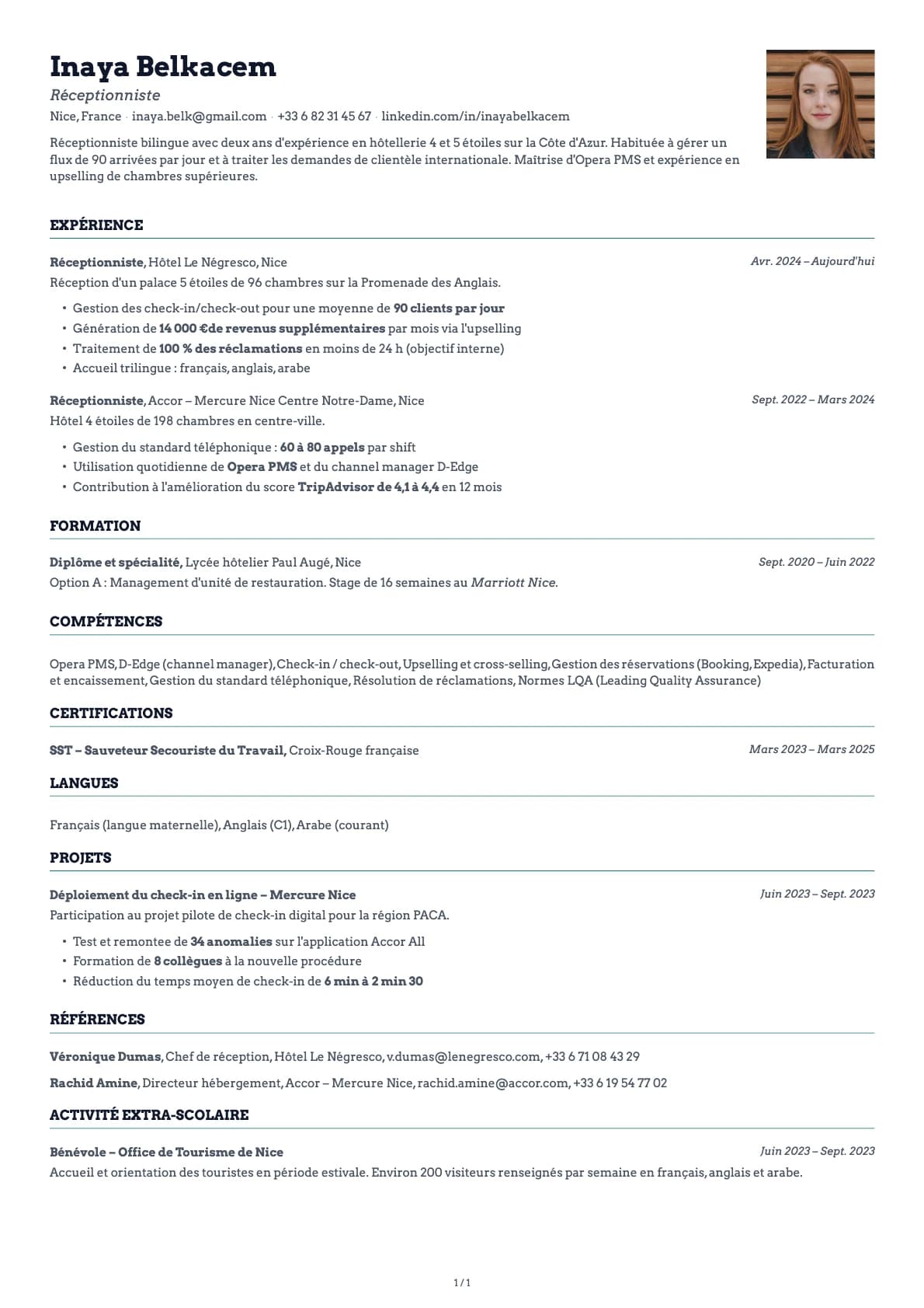Receptionniste resume example