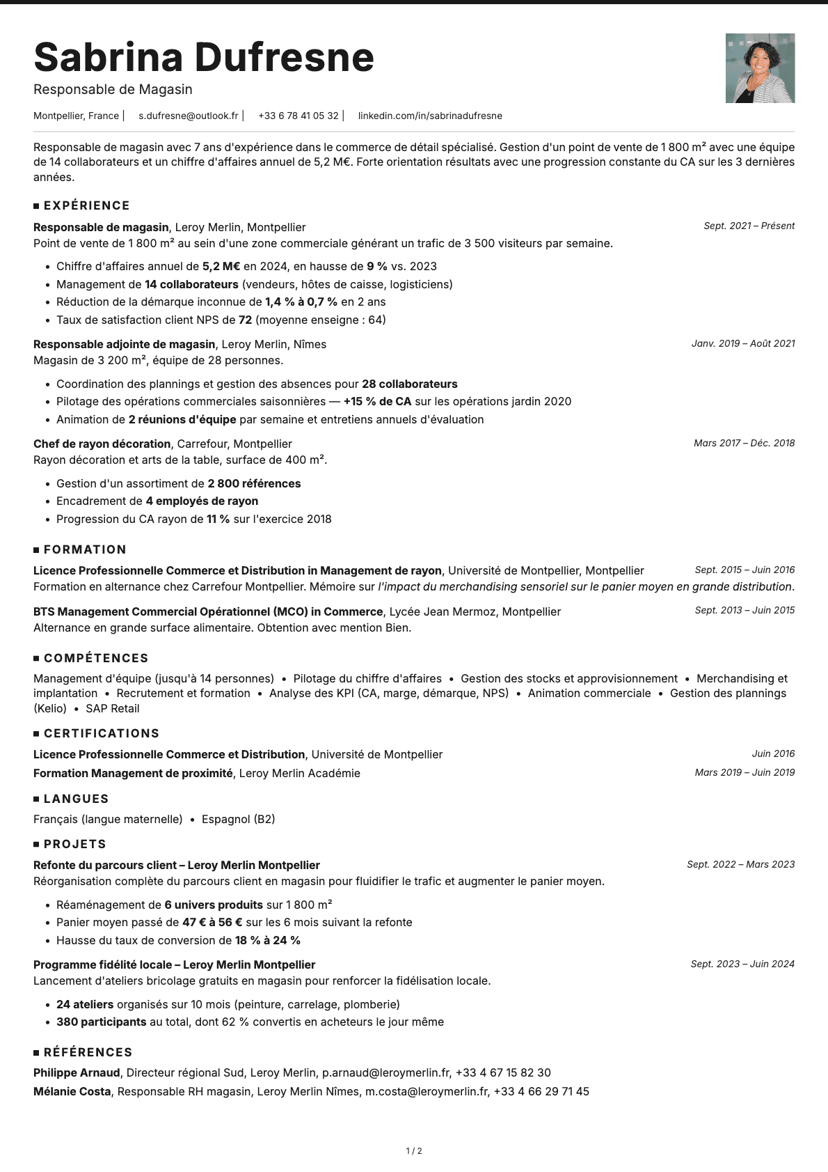 Responsable de Magasin resume example
