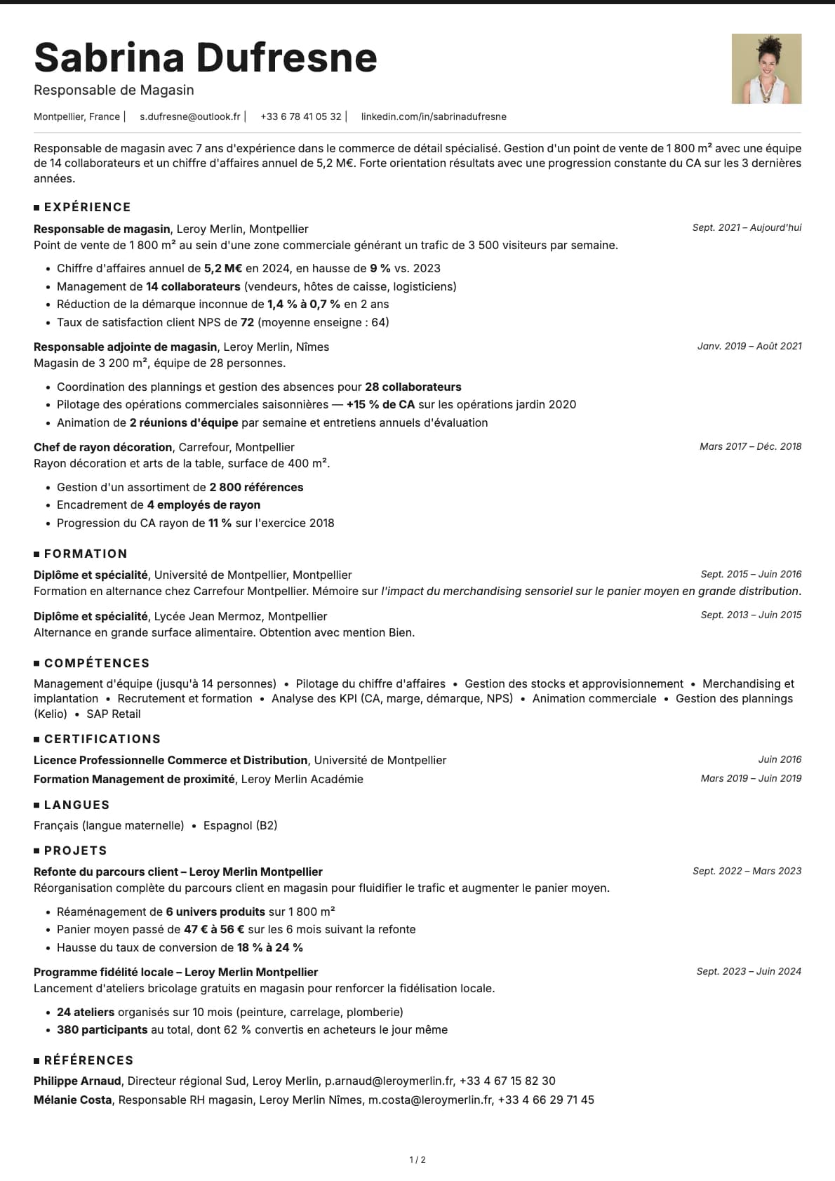 Responsable de Magasin resume example