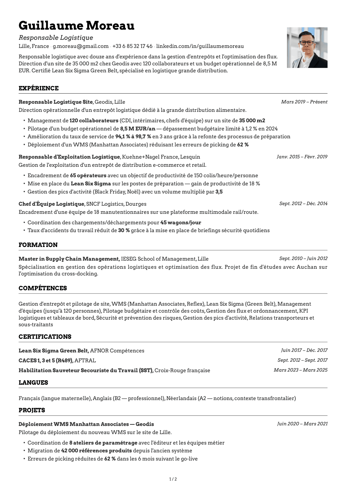 Responsable Logistique resume example