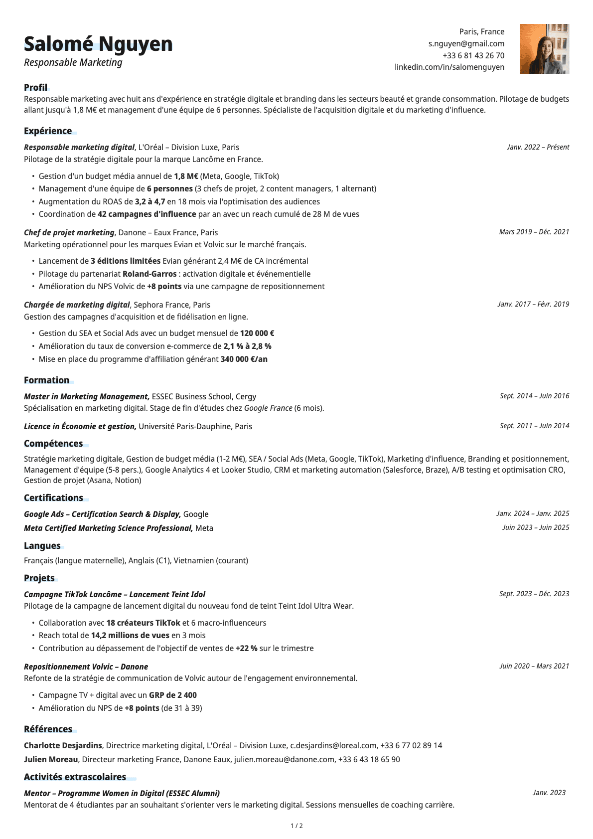 Responsable Marketing resume example