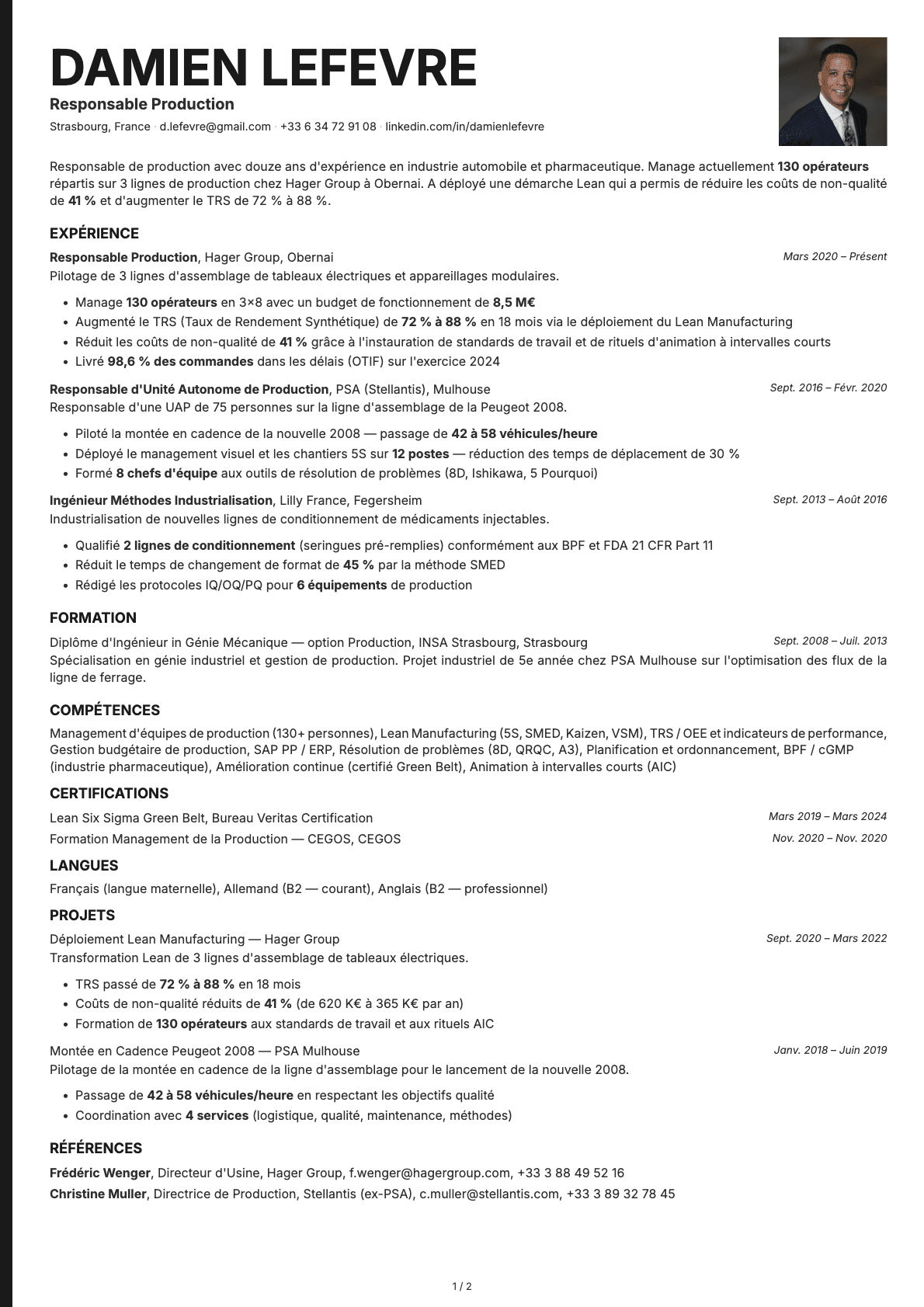 Responsable Production resume example