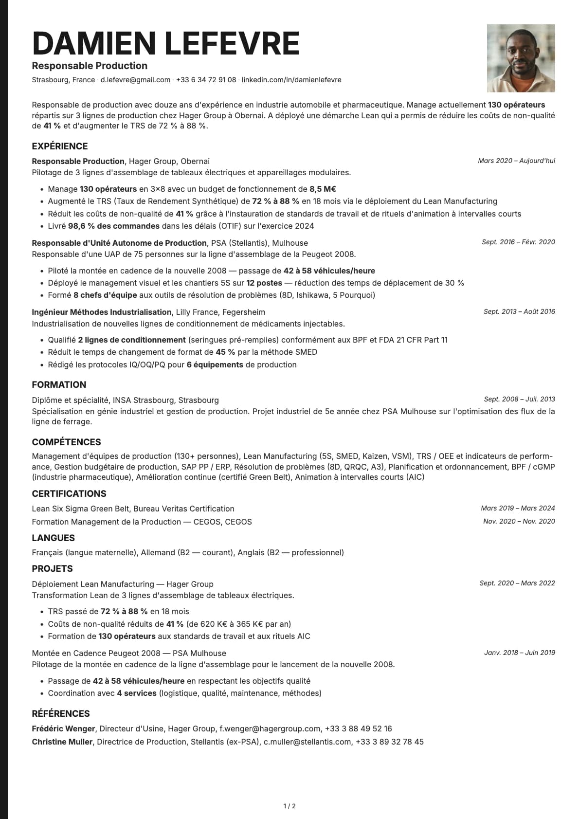 Responsable Production resume example
