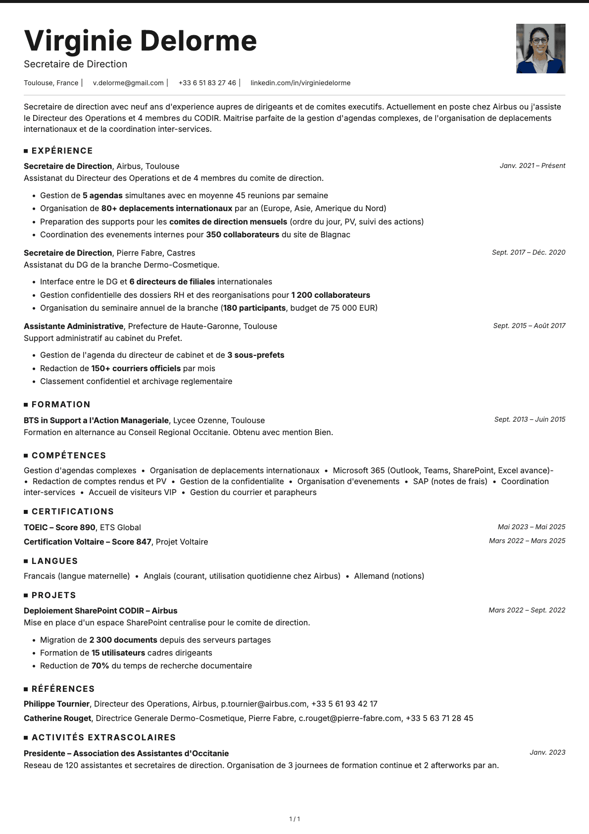 Secretaire de Direction resume example