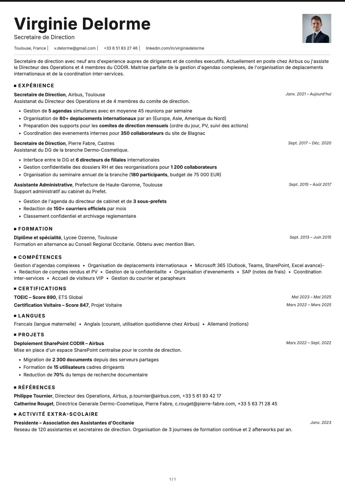 Secretaire de Direction resume example
