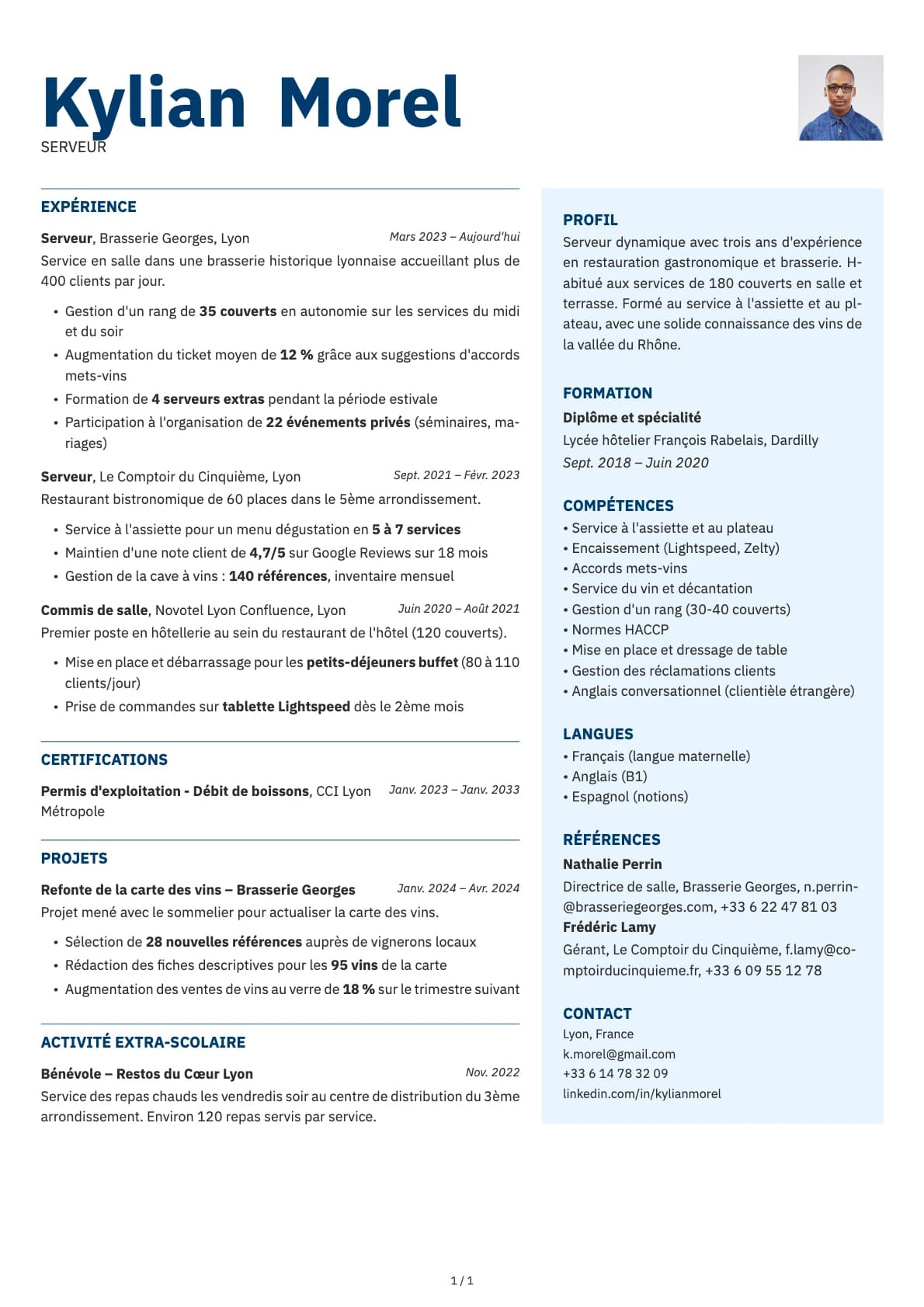 Serveur / Serveuse resume example