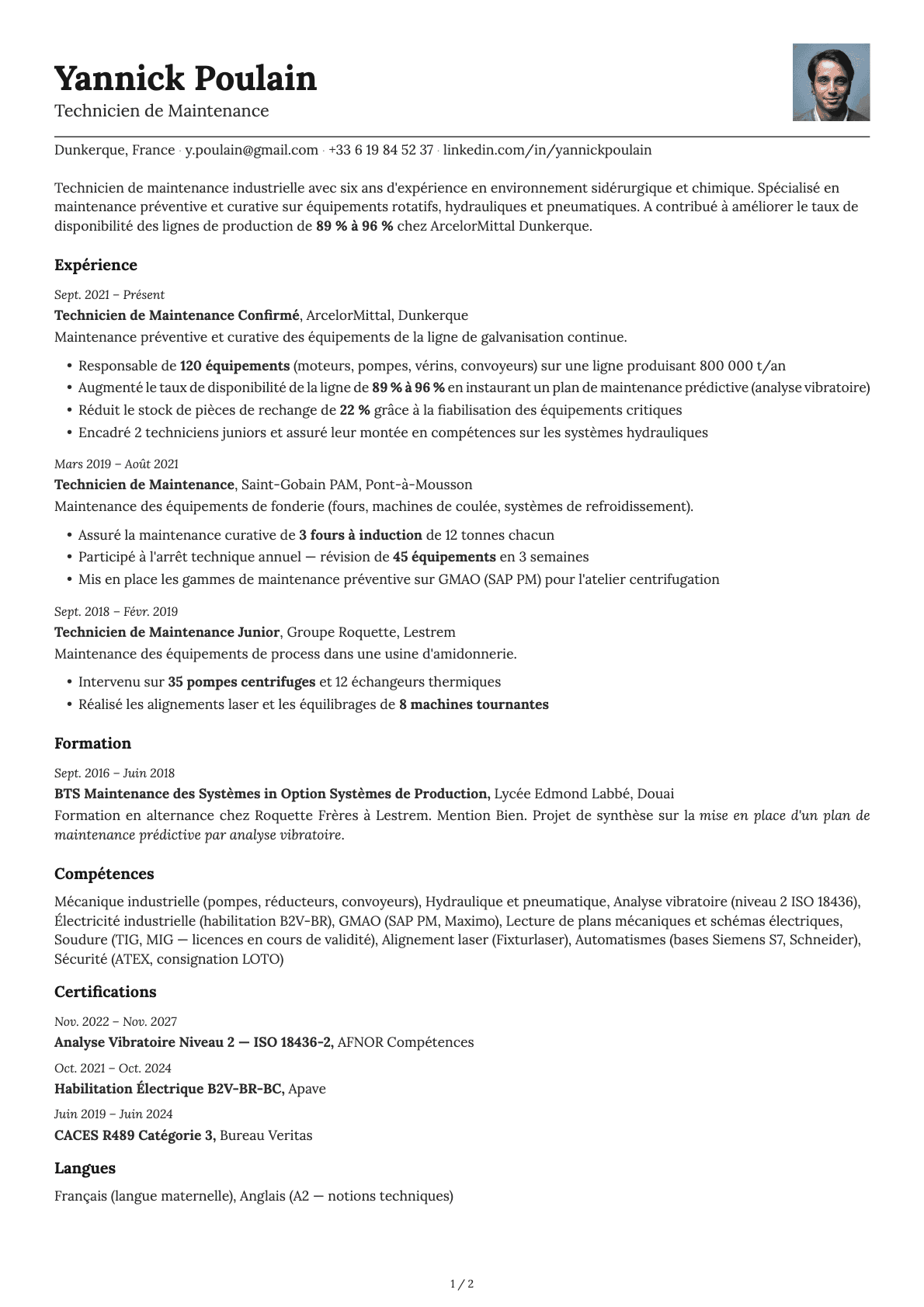 Technicien de Maintenance resume example