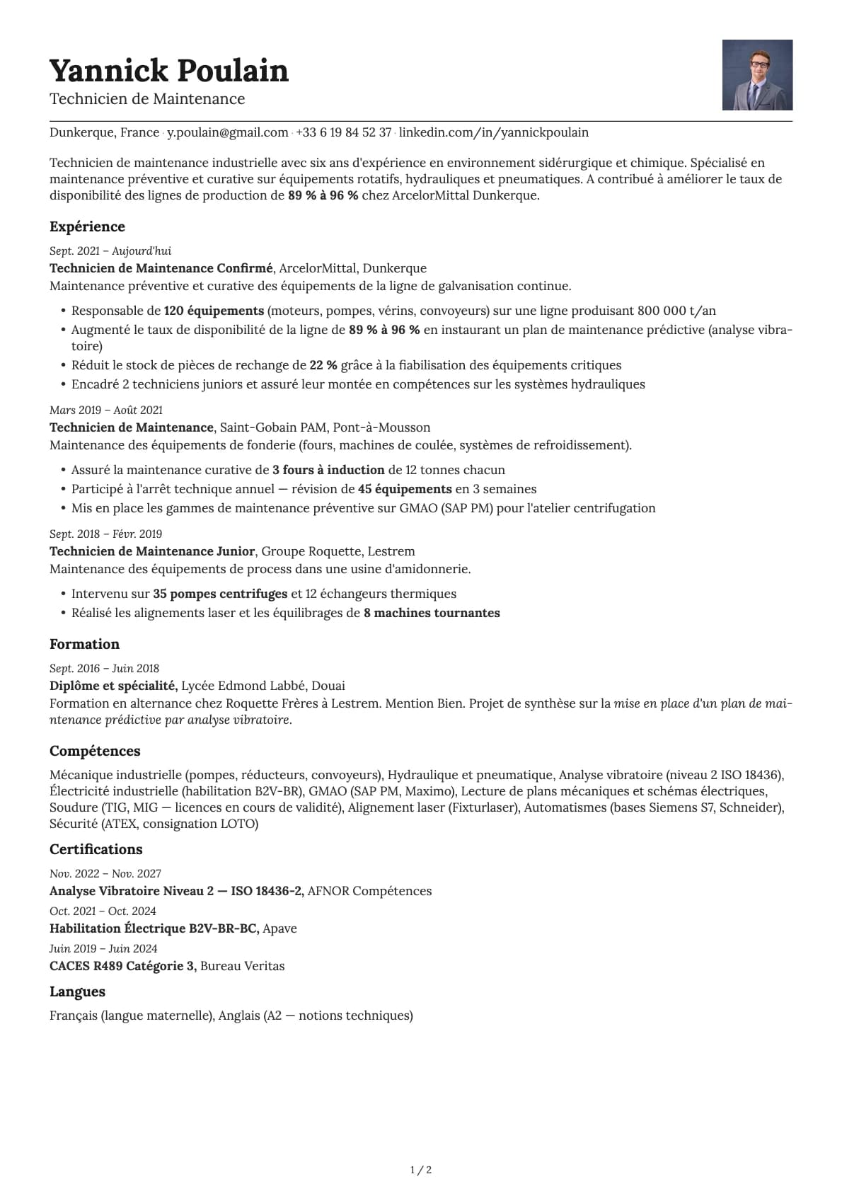 Technicien de Maintenance resume example