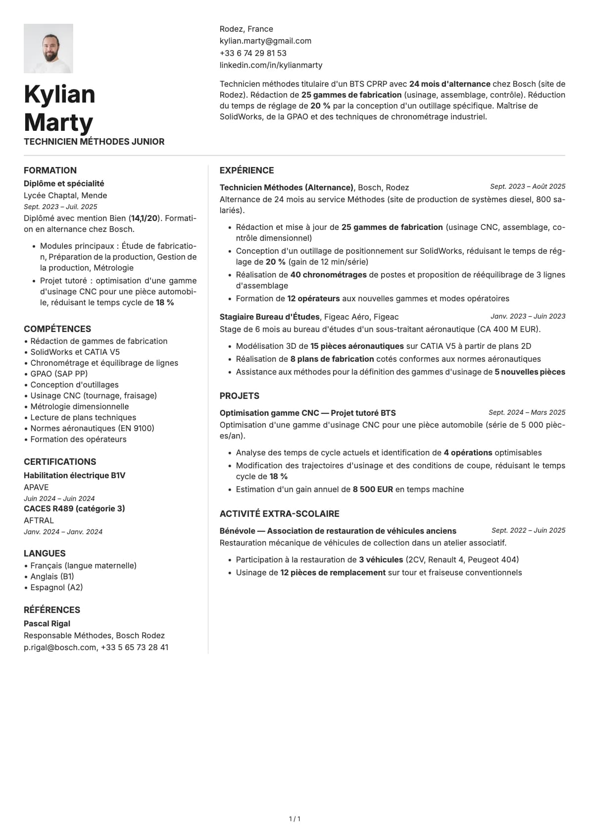 Technicien Méthodes Junior resume example