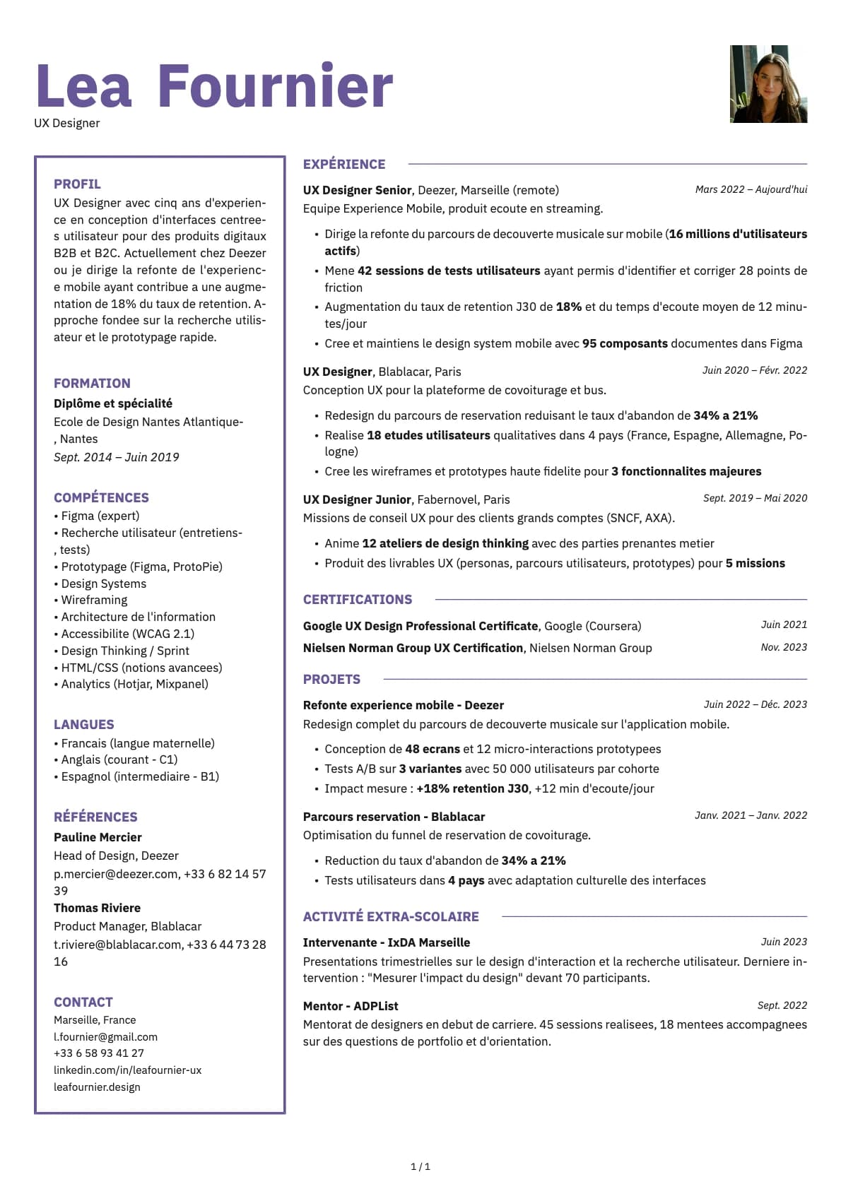 Designer UX resume example