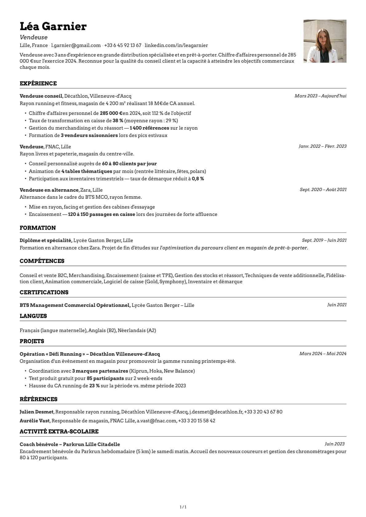 Vendeur / Vendeuse resume example