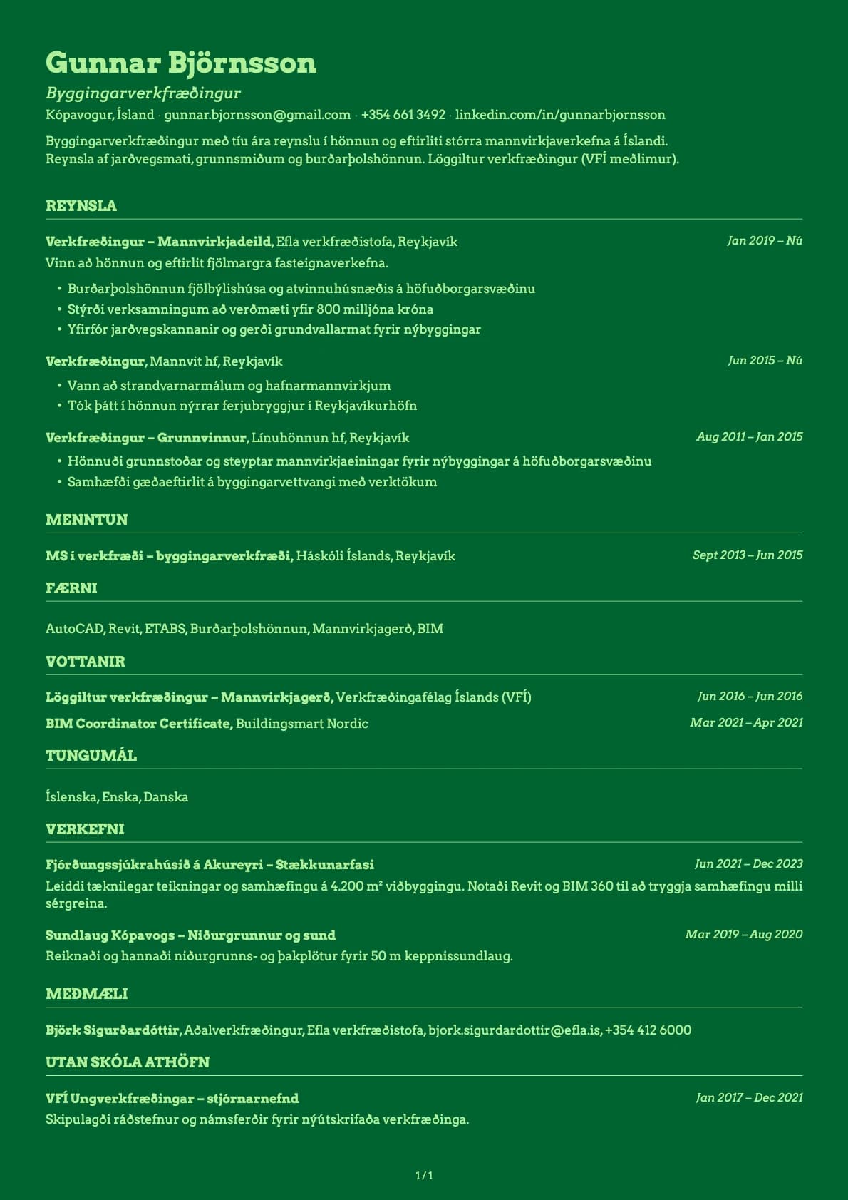 Byggingarverkfræðingur resume example