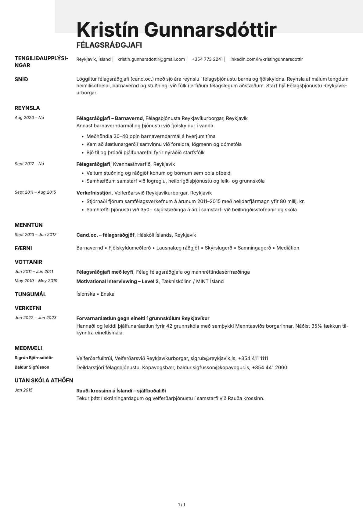 Félagsráðgjafi resume example