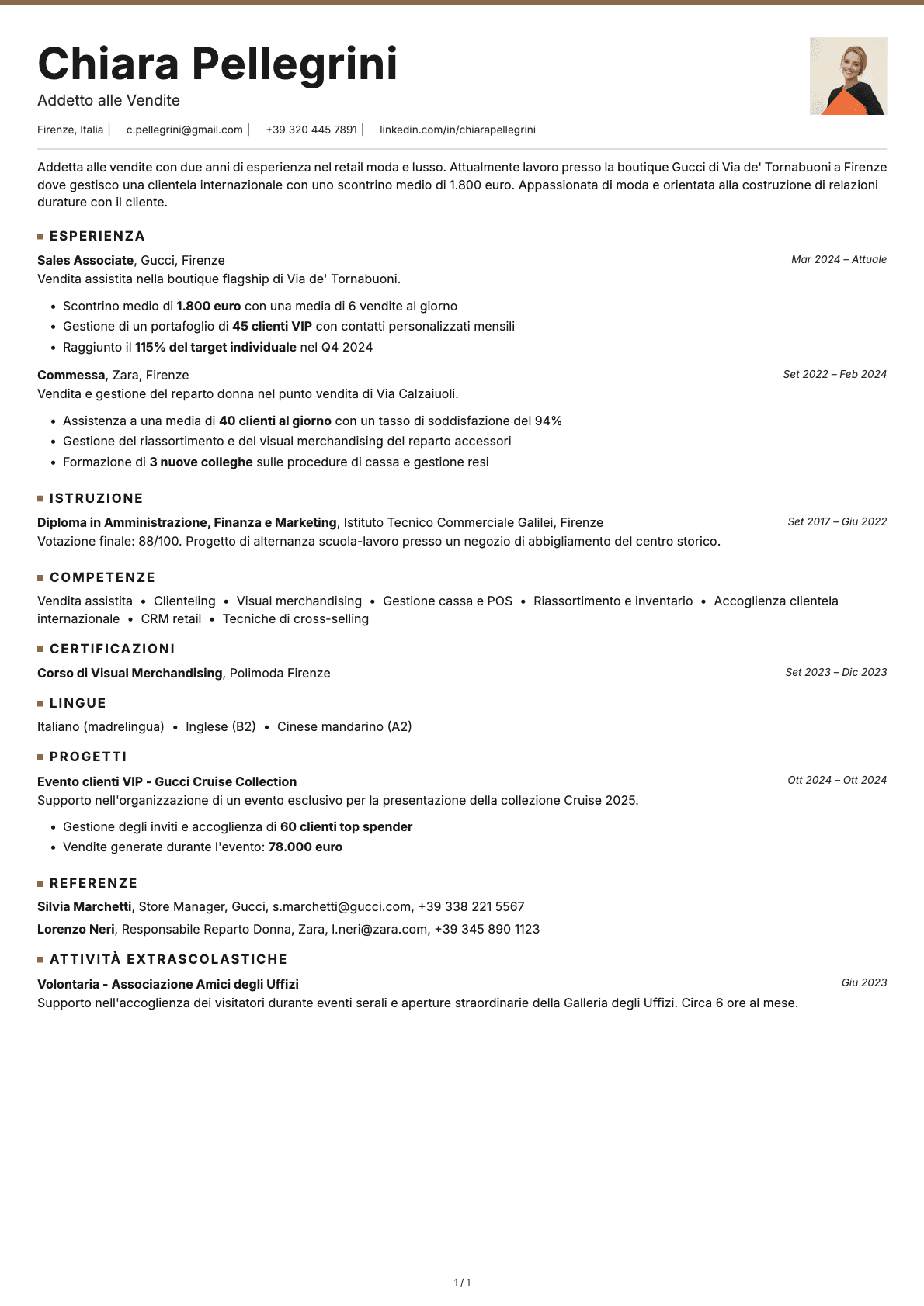 Addetto alle Vendite resume example