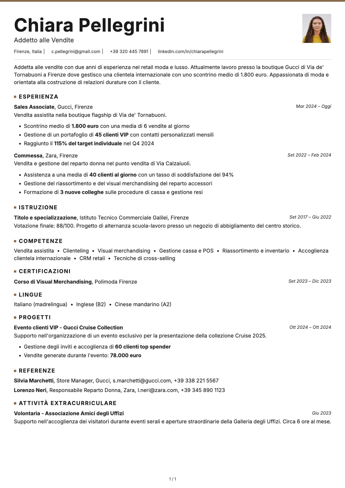 Addetto alle Vendite resume example