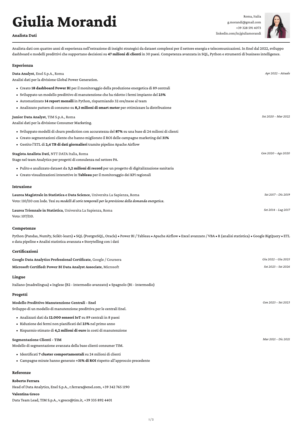 Analista Dati resume example