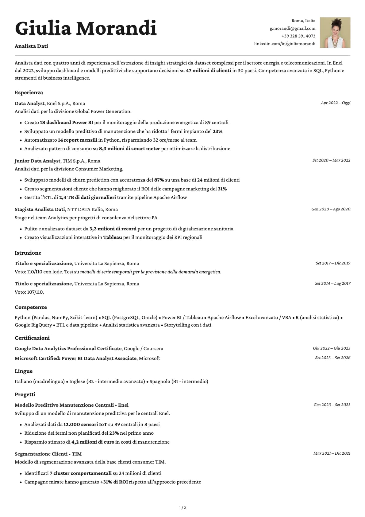Analista Dati resume example