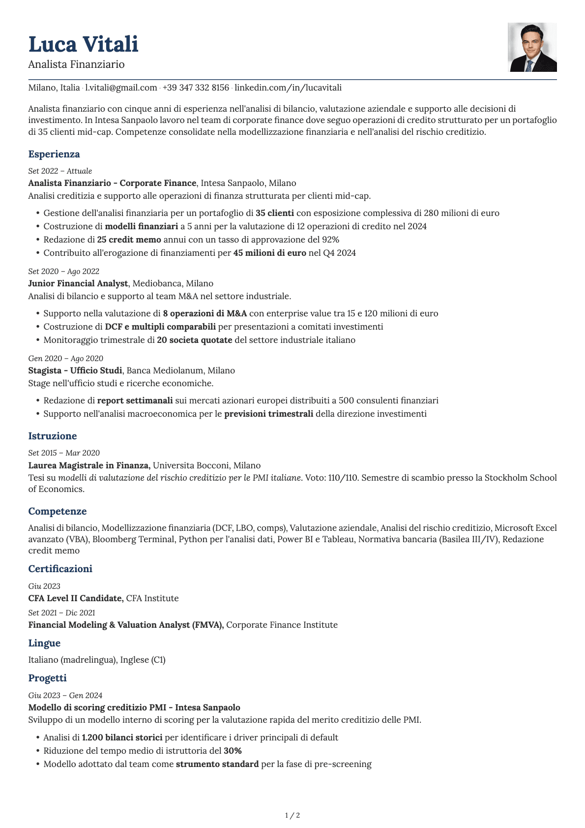 Analista Finanziario resume example