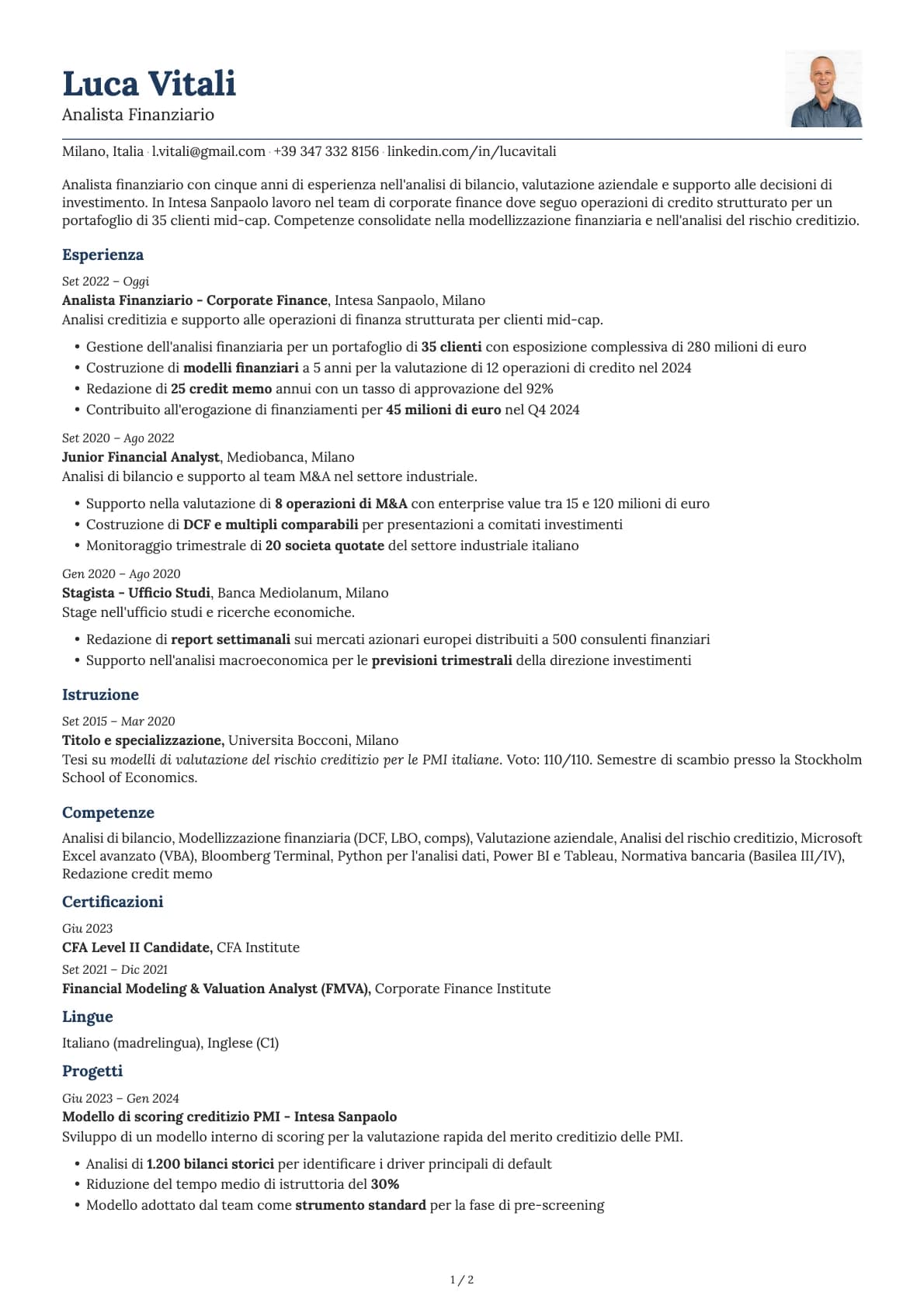 Analista Finanziario resume example