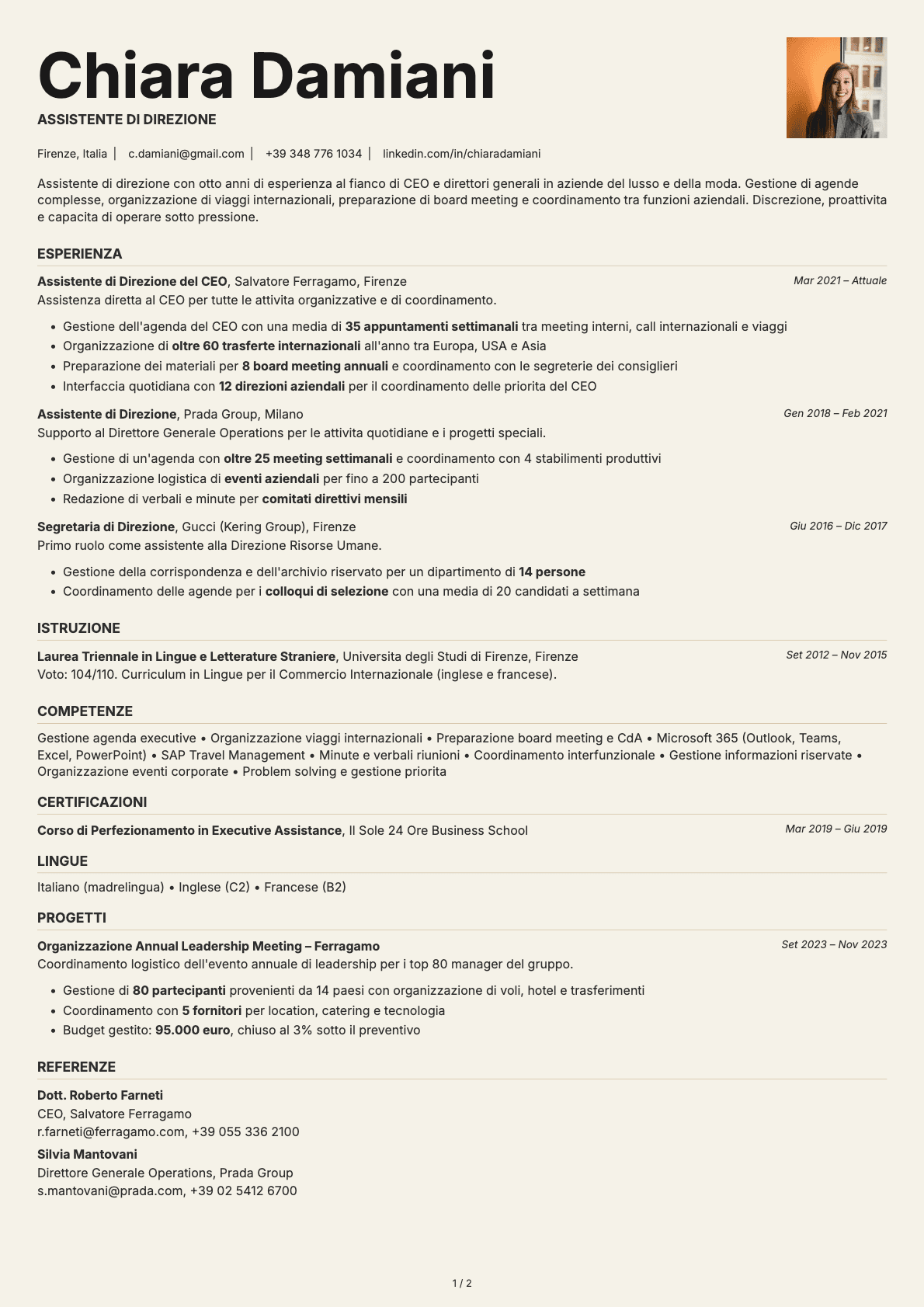 Assistente di Direzione resume example