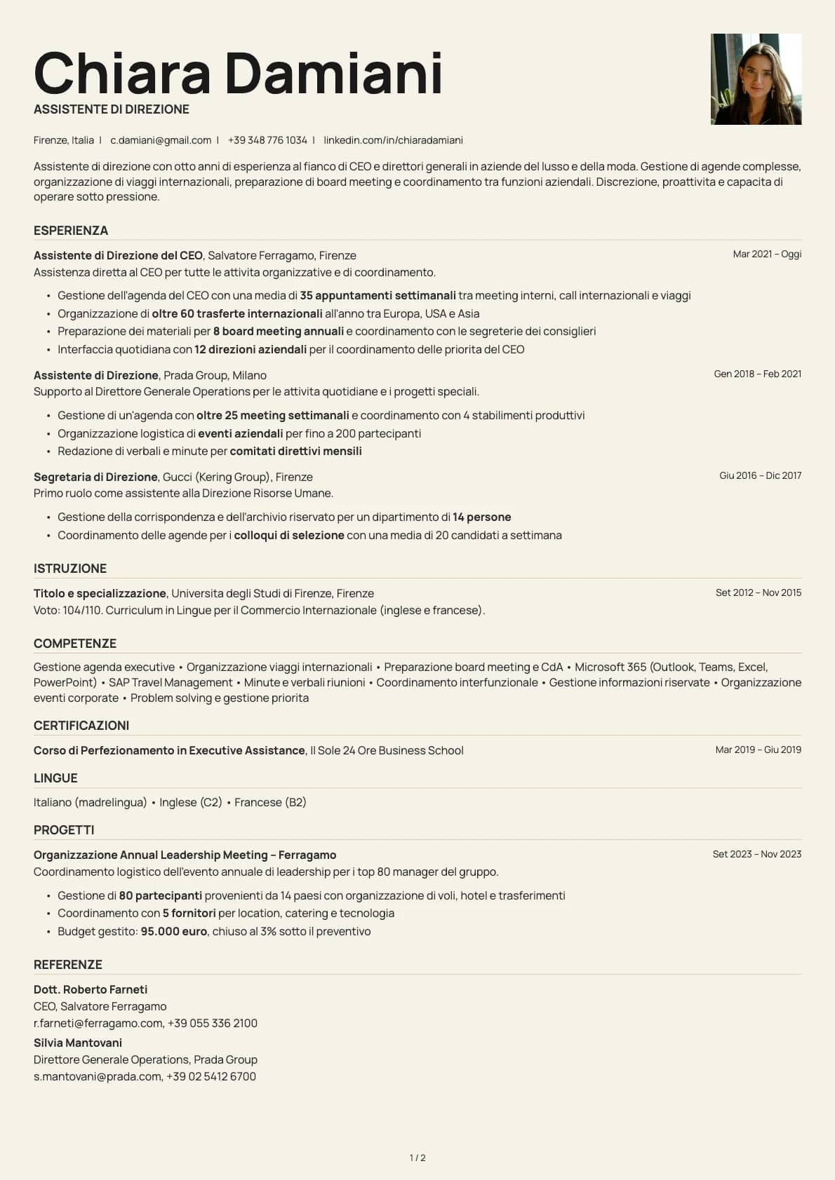 Assistente di Direzione resume example