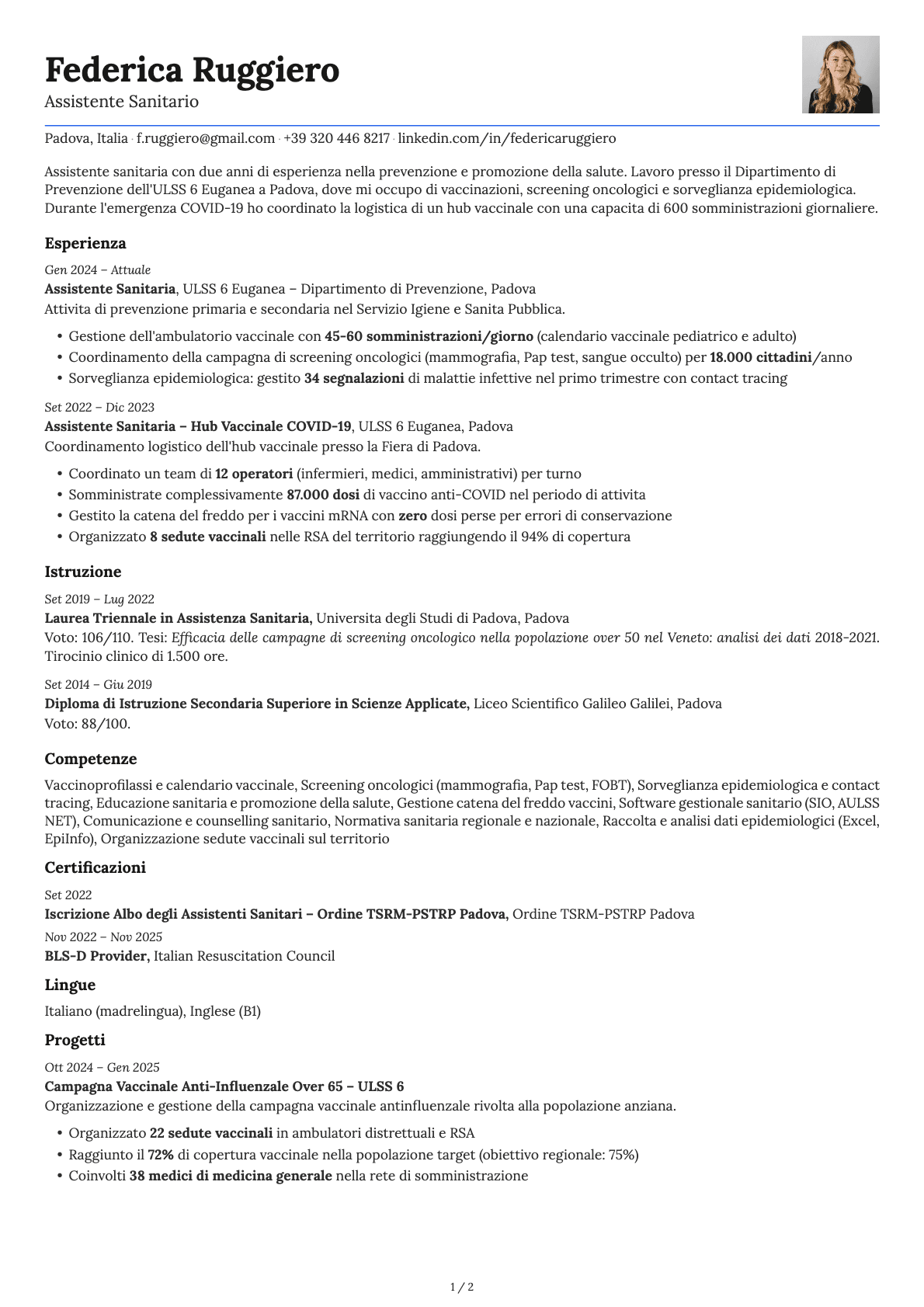 Assistente Sanitario resume example