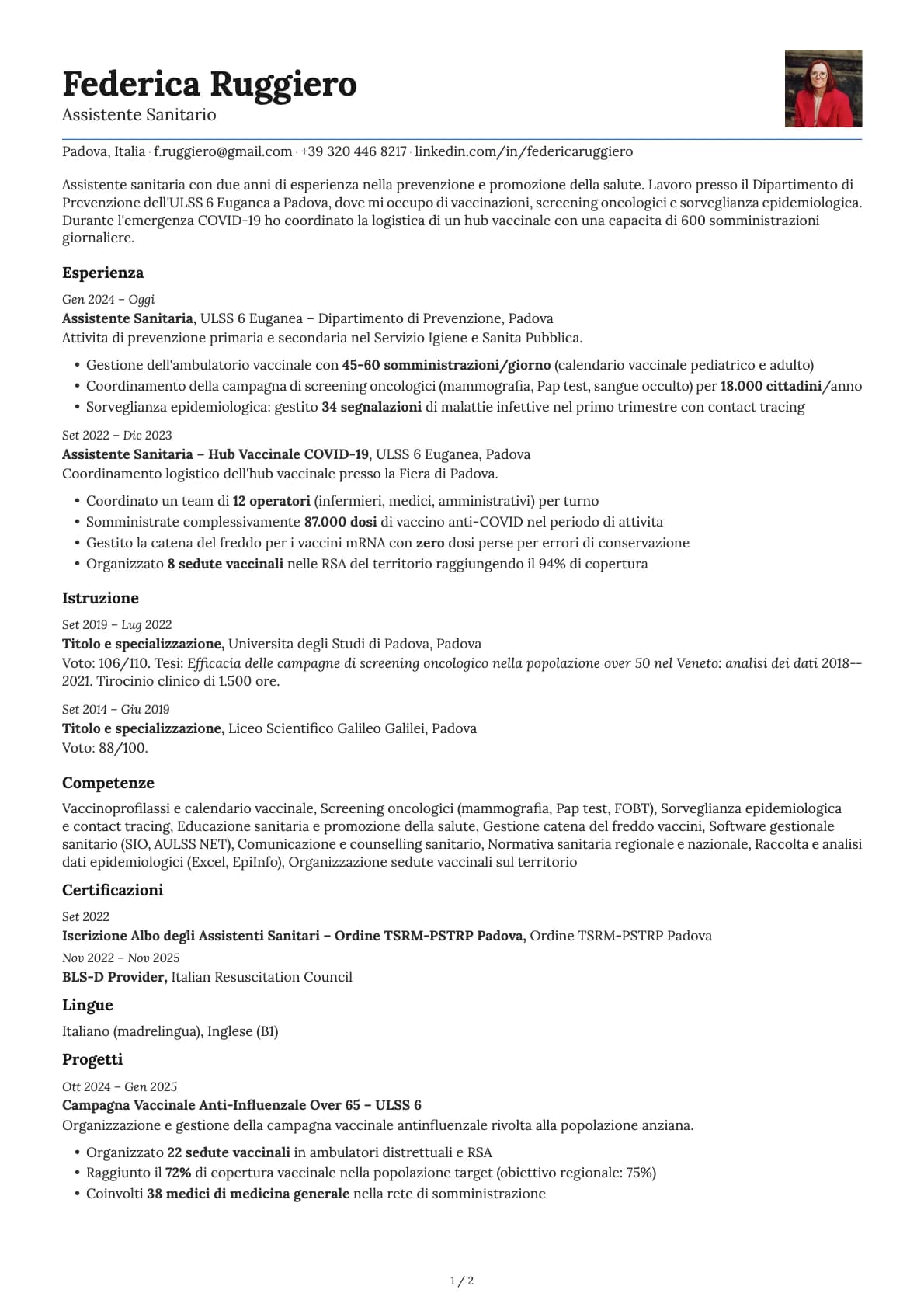 Assistente Sanitario resume example