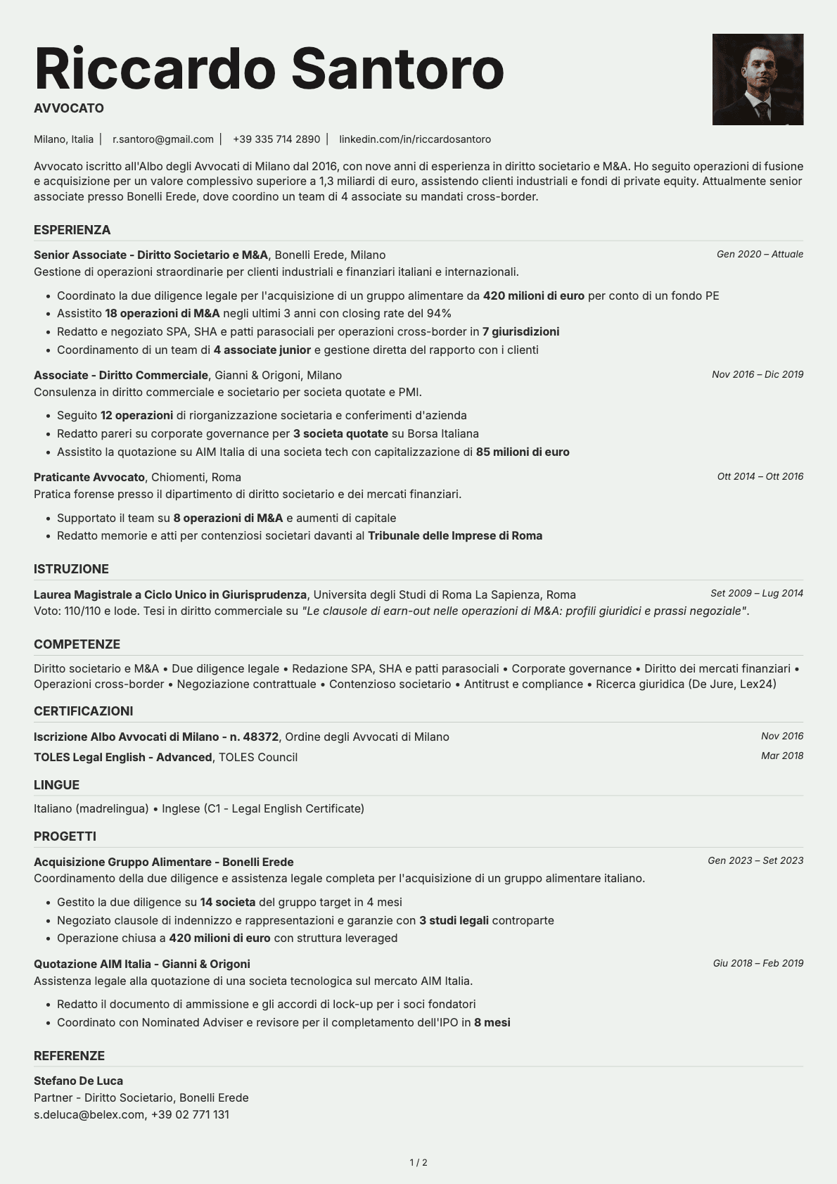 Avvocato resume example