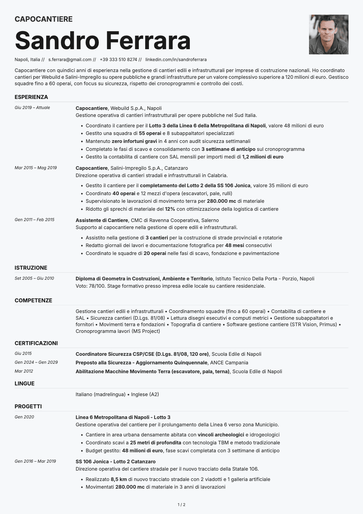 Capocantiere resume example