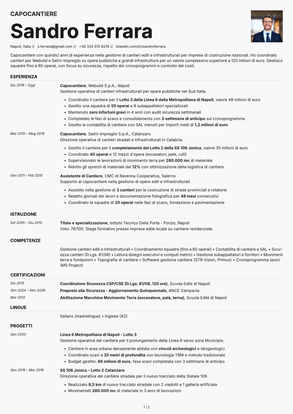 Capocantiere resume example