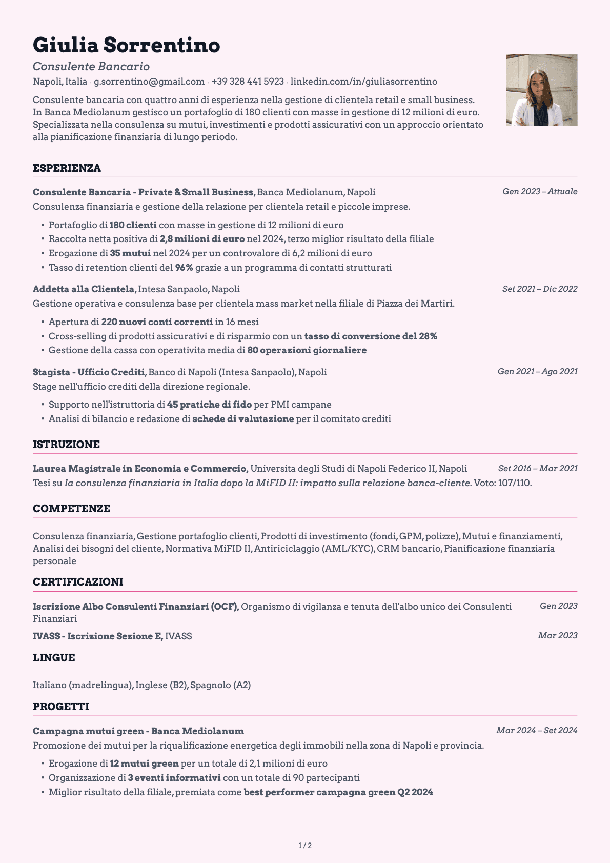 Consulente Bancario resume example