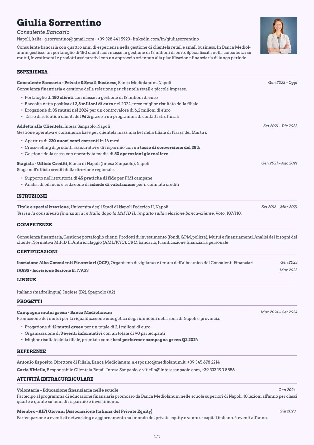 Consulente Bancario resume example