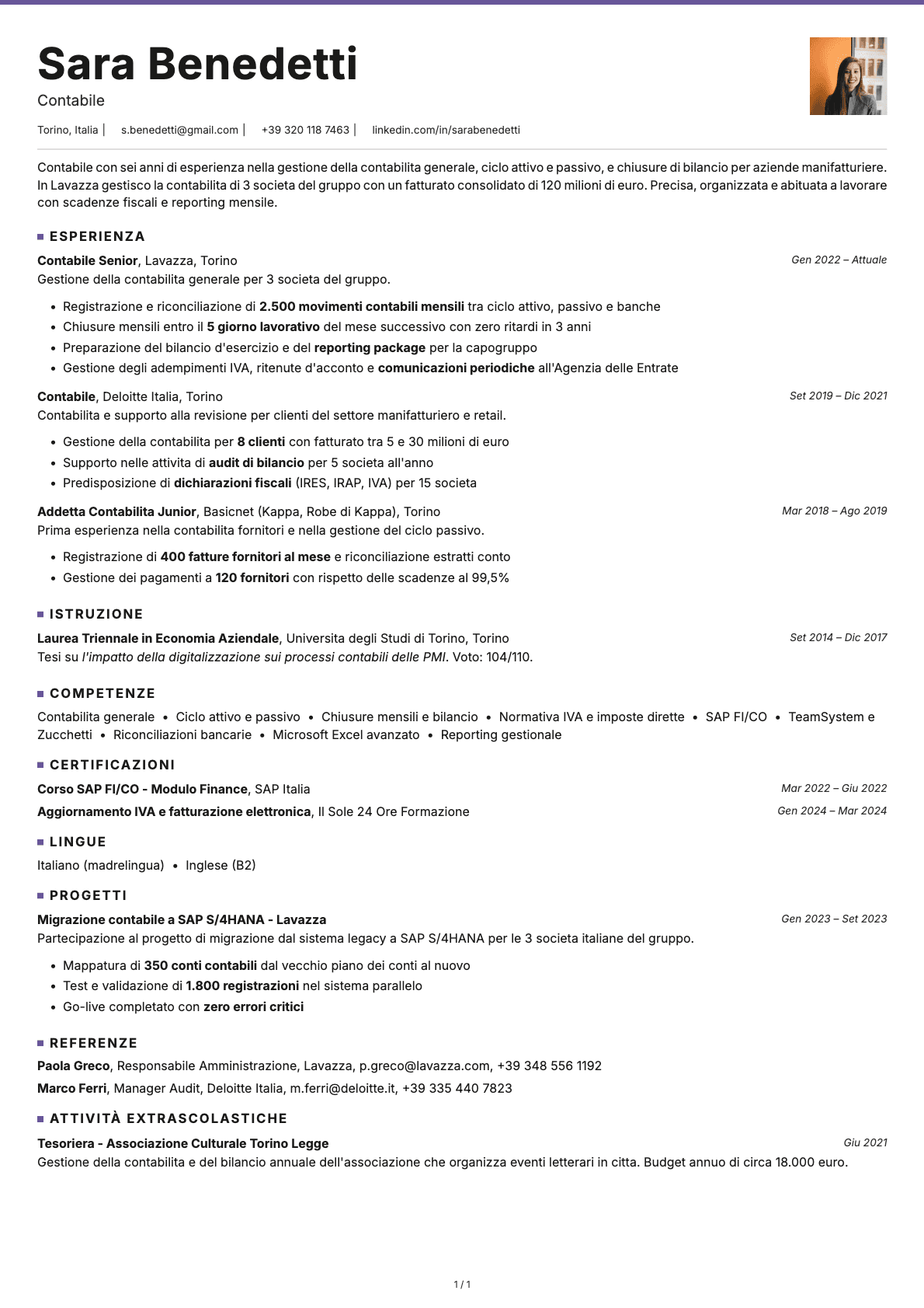 Contabile resume example
