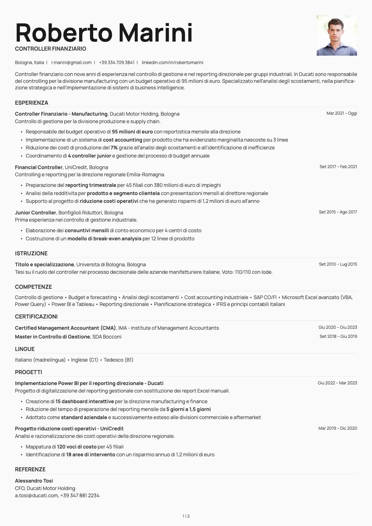 Controller Finanziario resume example