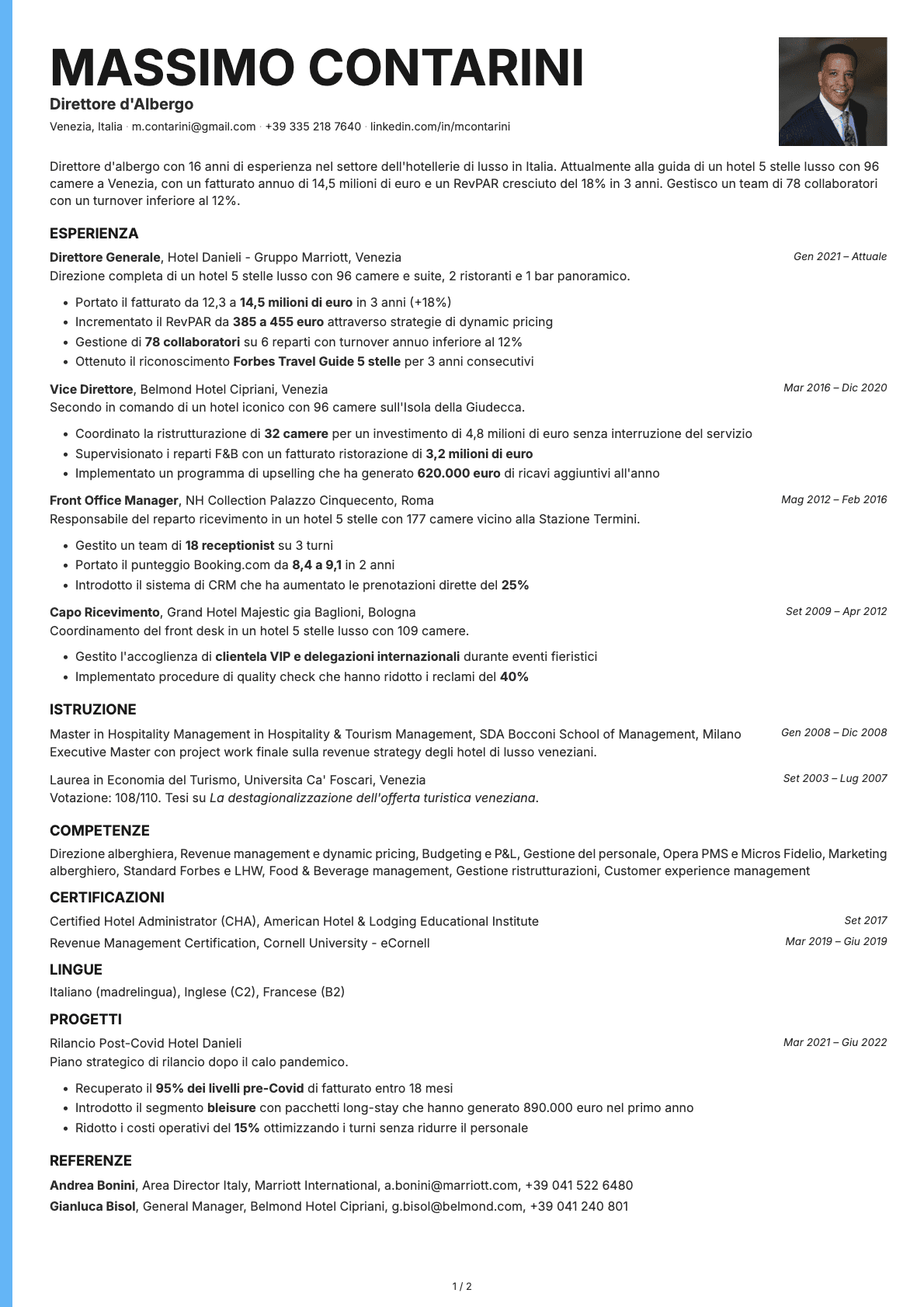 Direttore d'Albergo resume example