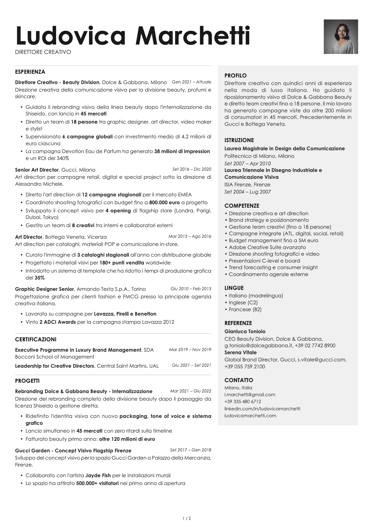 Direttore Creativo resume example