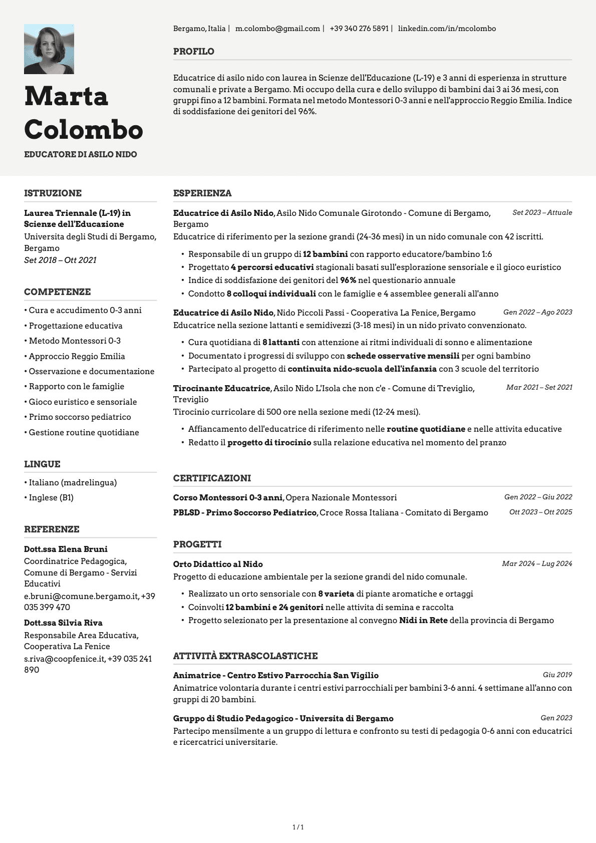 Educatore di Asilo Nido resume example