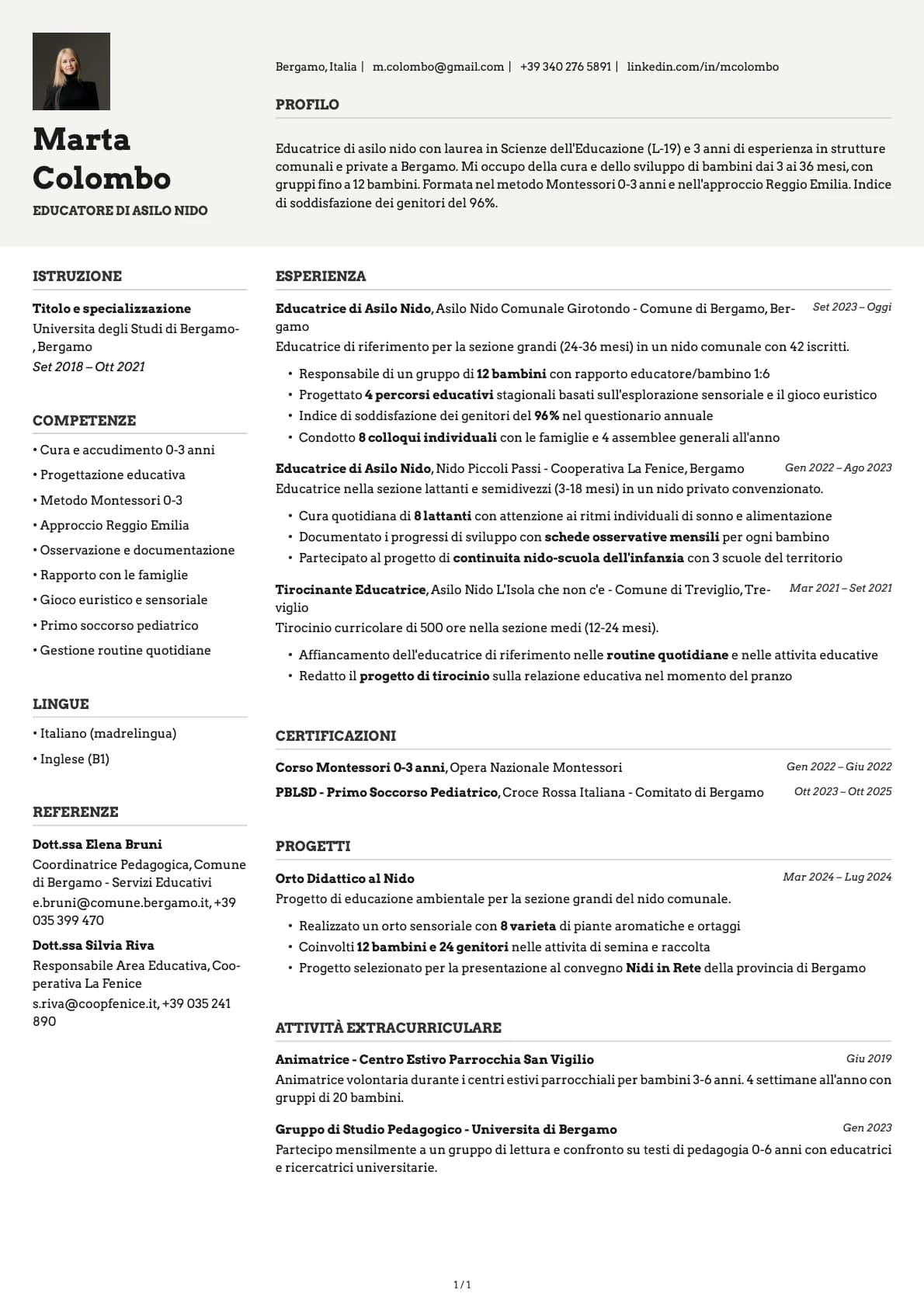 Educatore di Asilo Nido resume example