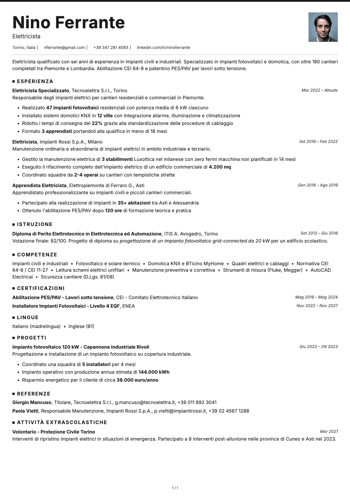 Elettricista resume example