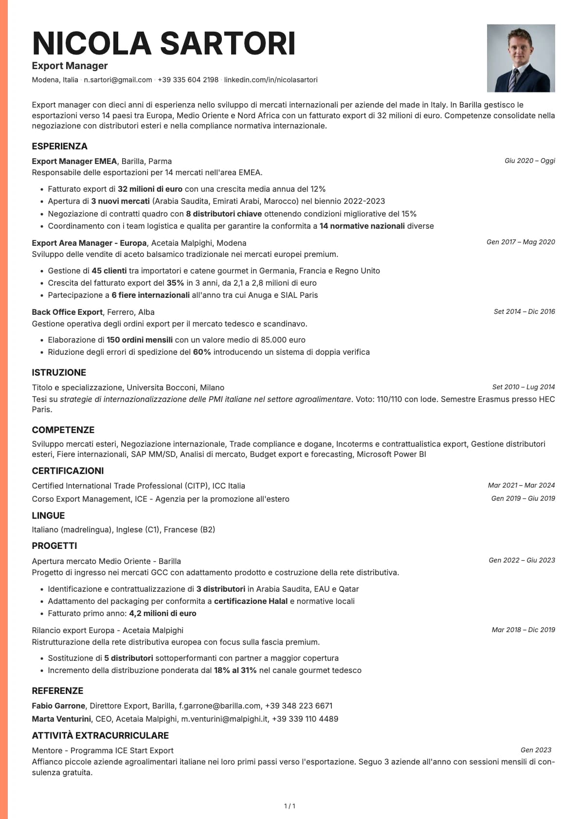 Export Manager resume example
