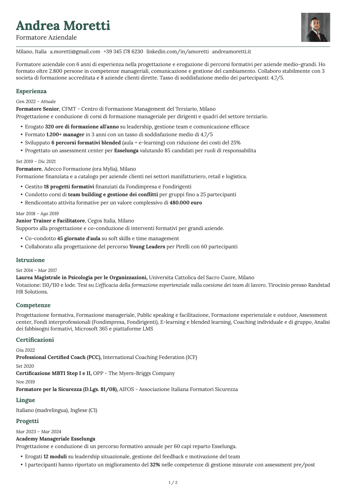 Formatore Aziendale resume example