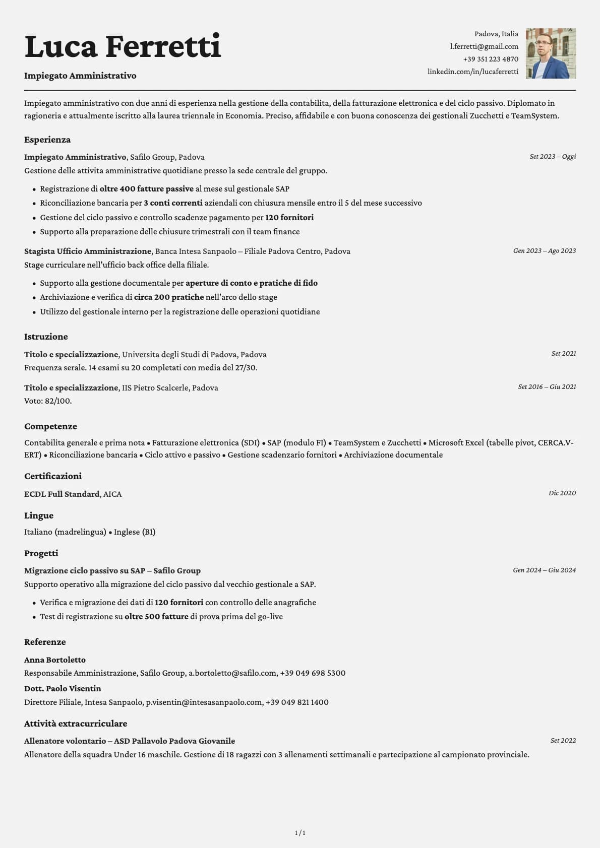 Impiegato Amministrativo resume example