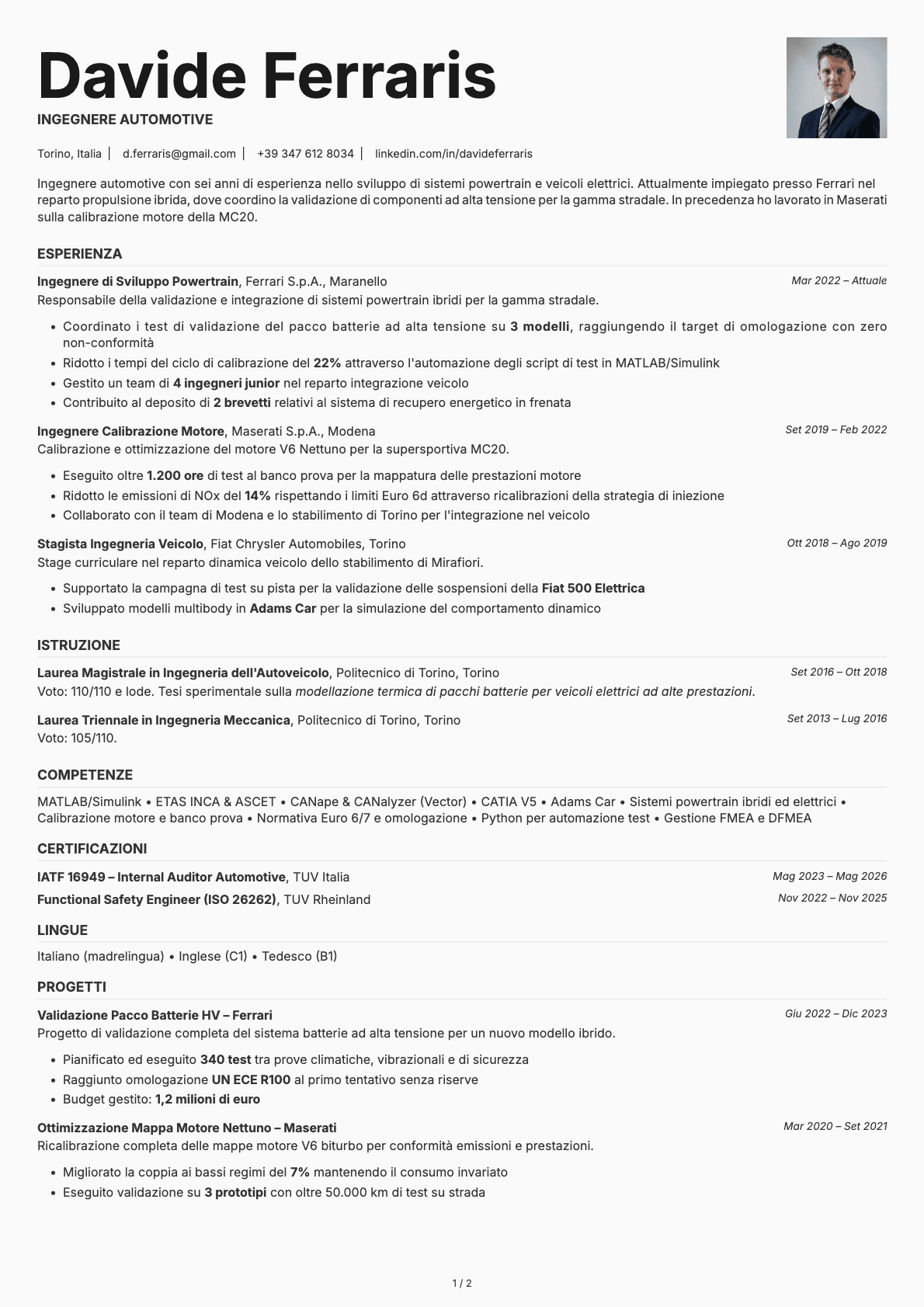 Ingegnere Automotive resume example