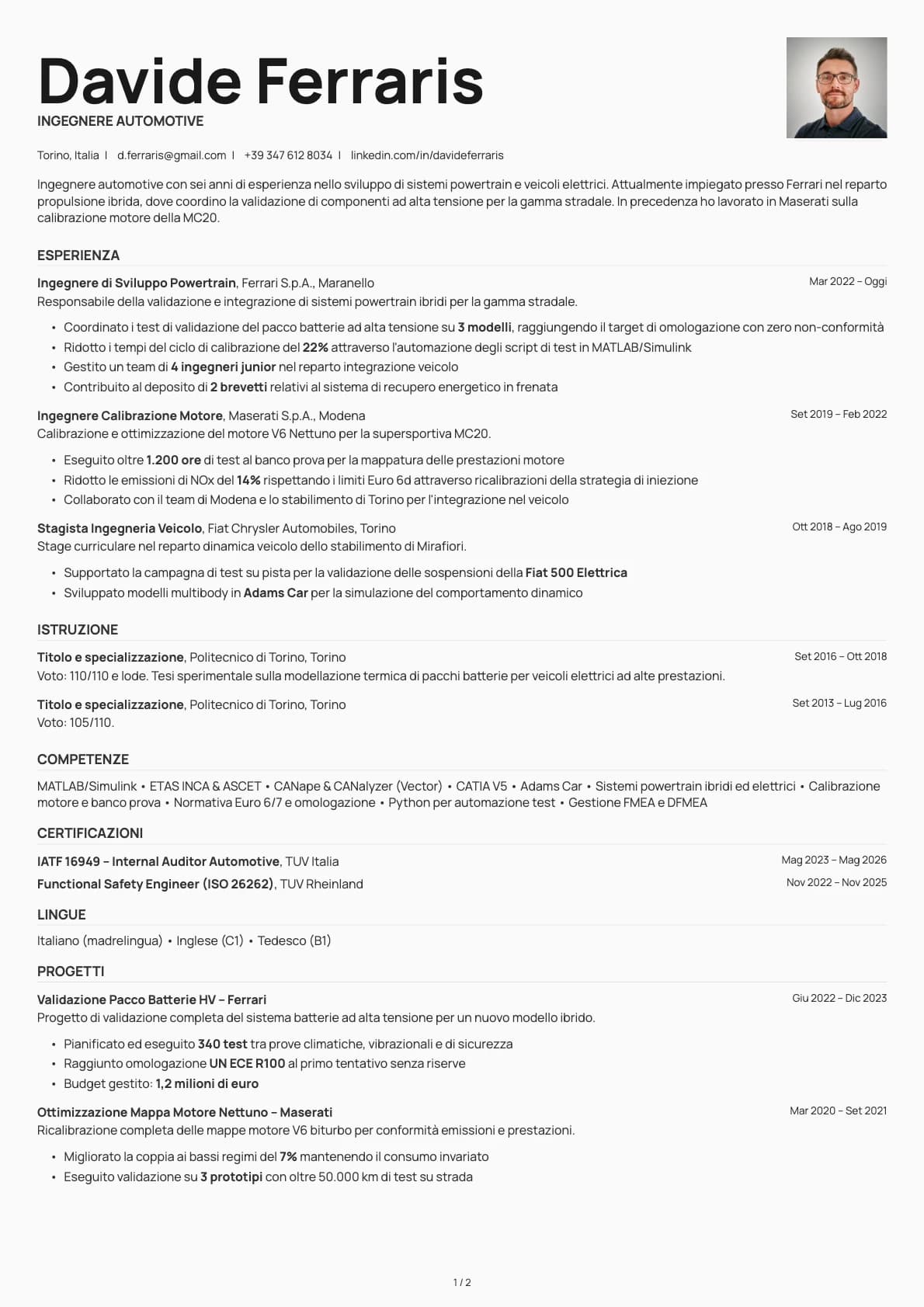 Ingegnere Automotive resume example