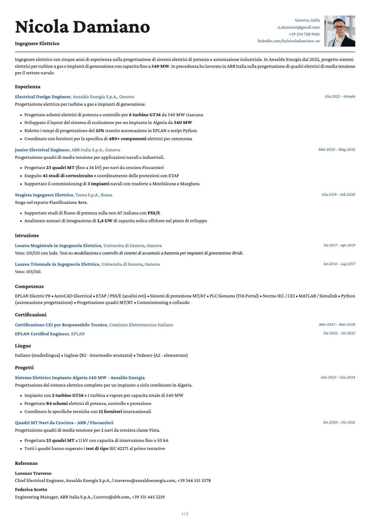 Ingegnere Elettrico resume example