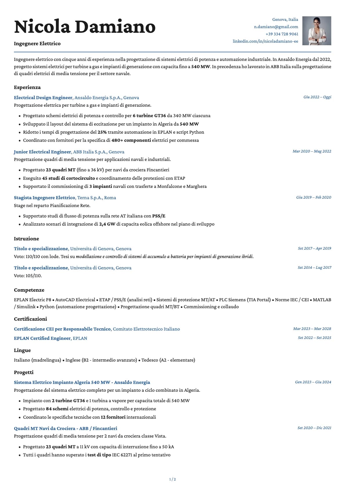 Ingegnere Elettrico resume example